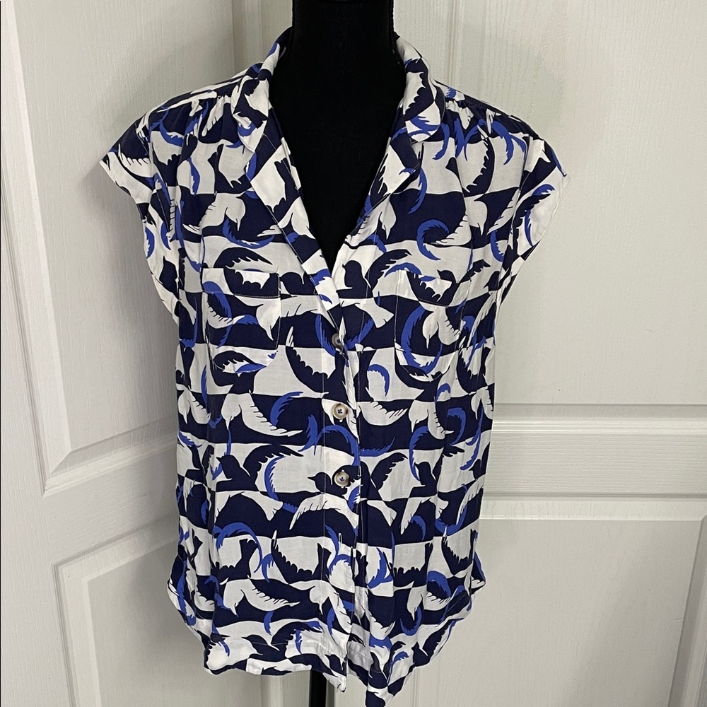 Maeve Blue and White Patterned Button Front Top